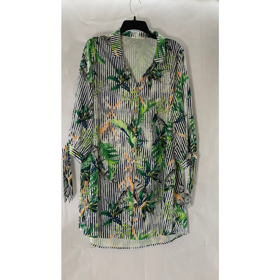 CUPSHE Women's White Striped Hawaiian Tropical Tie-Sleeve Cover-Up Dress SZ L