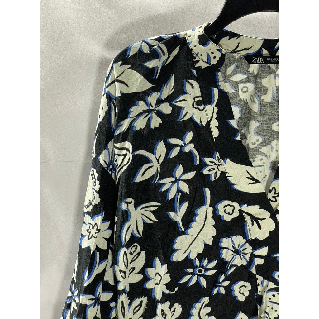 ZARA Women's Black/White Floral V-Neck Long Sleeve Tunic Top SZ S
