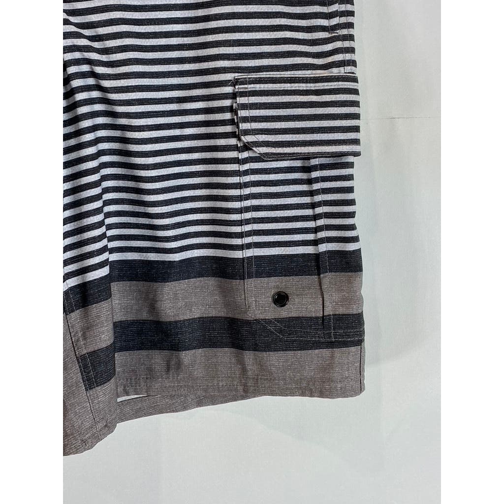 MONUMENT Men's Gray/Black Striped Elastic Drawstring Pull-On Board Shorts SZ S