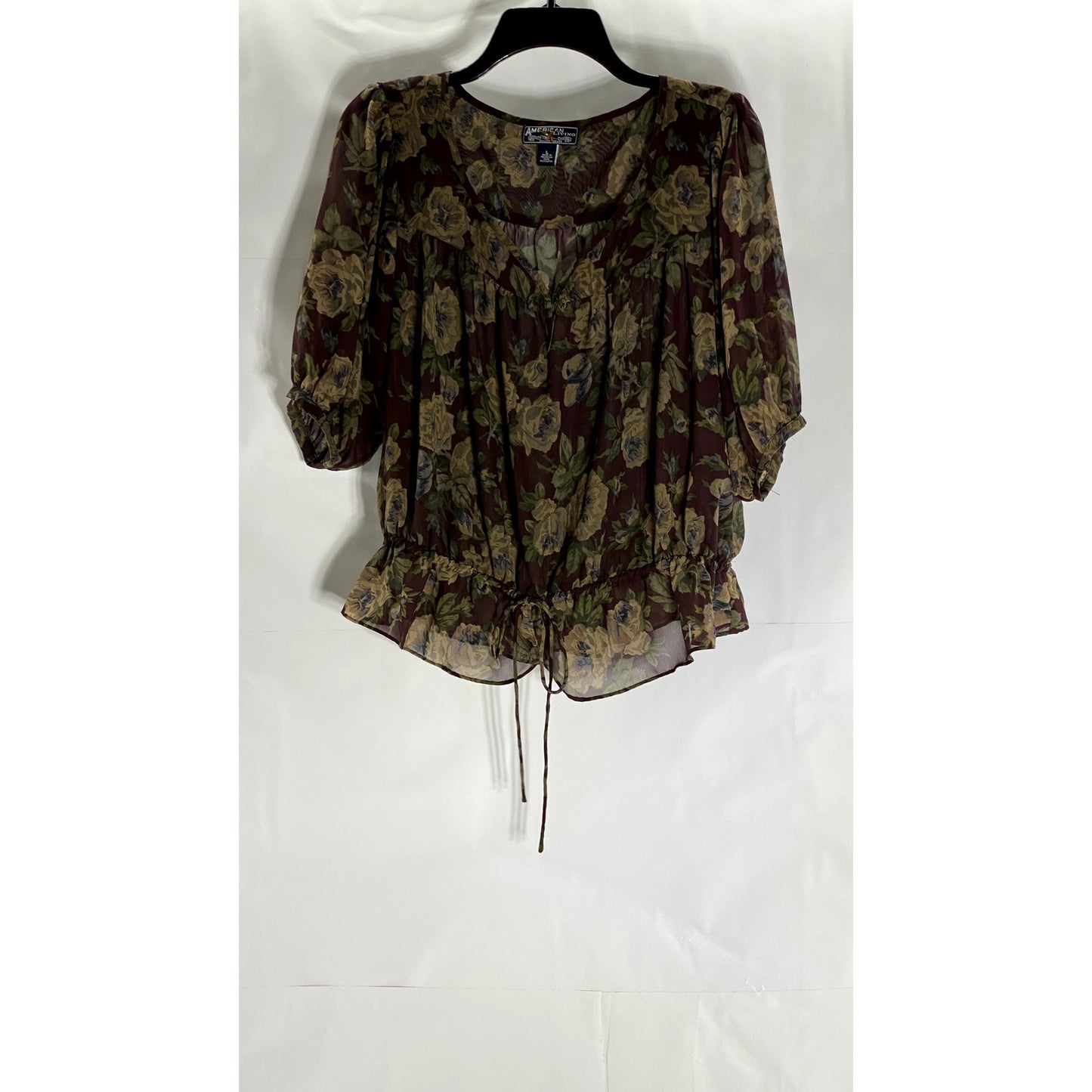 AMERICAN LIVING Women's Brown Floral Short Sleeve Ruffle Drawstring Hem Top SZ L