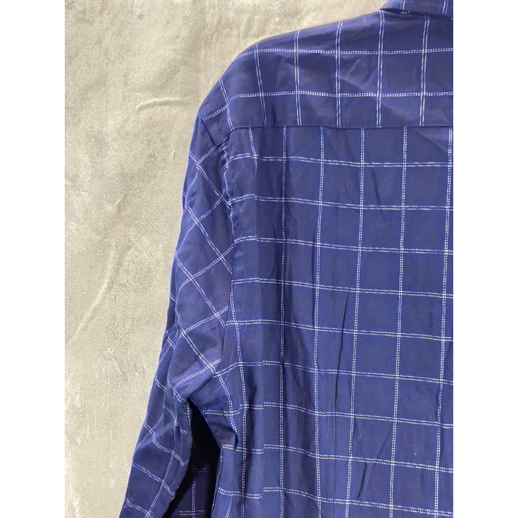 BEN SHERMAN Men's Navy Dobby Windowpane Stretch Skinny-Fit Dress Shirt SZ 16