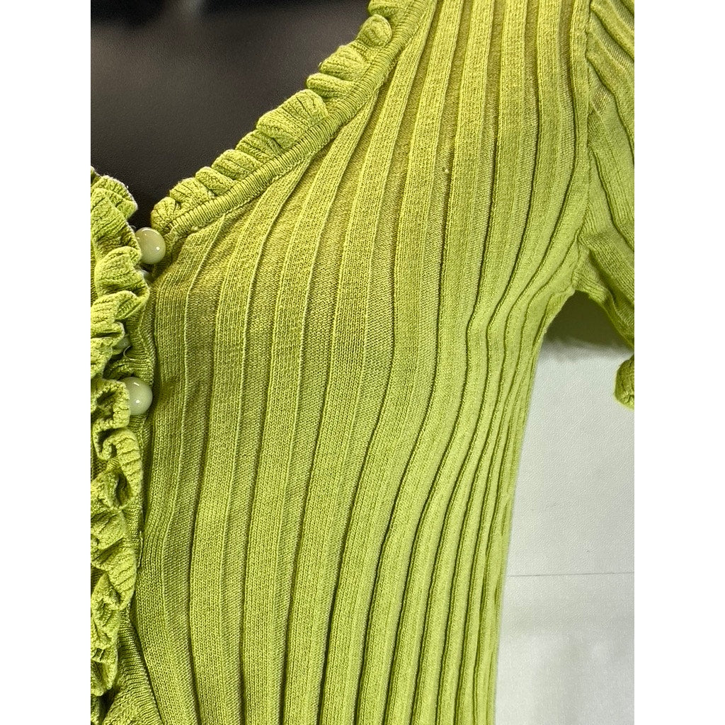 UNBRANDED Women's Green Ribbed Ruffle-Trim Short-Sleeve Crop Top SZ XS