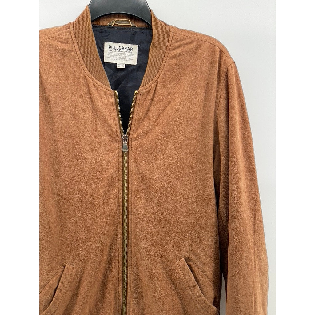 PULL & BEAR Men's Tan Faux Suede Zip-Up Long Sleeve Bomber Jacket SZ M