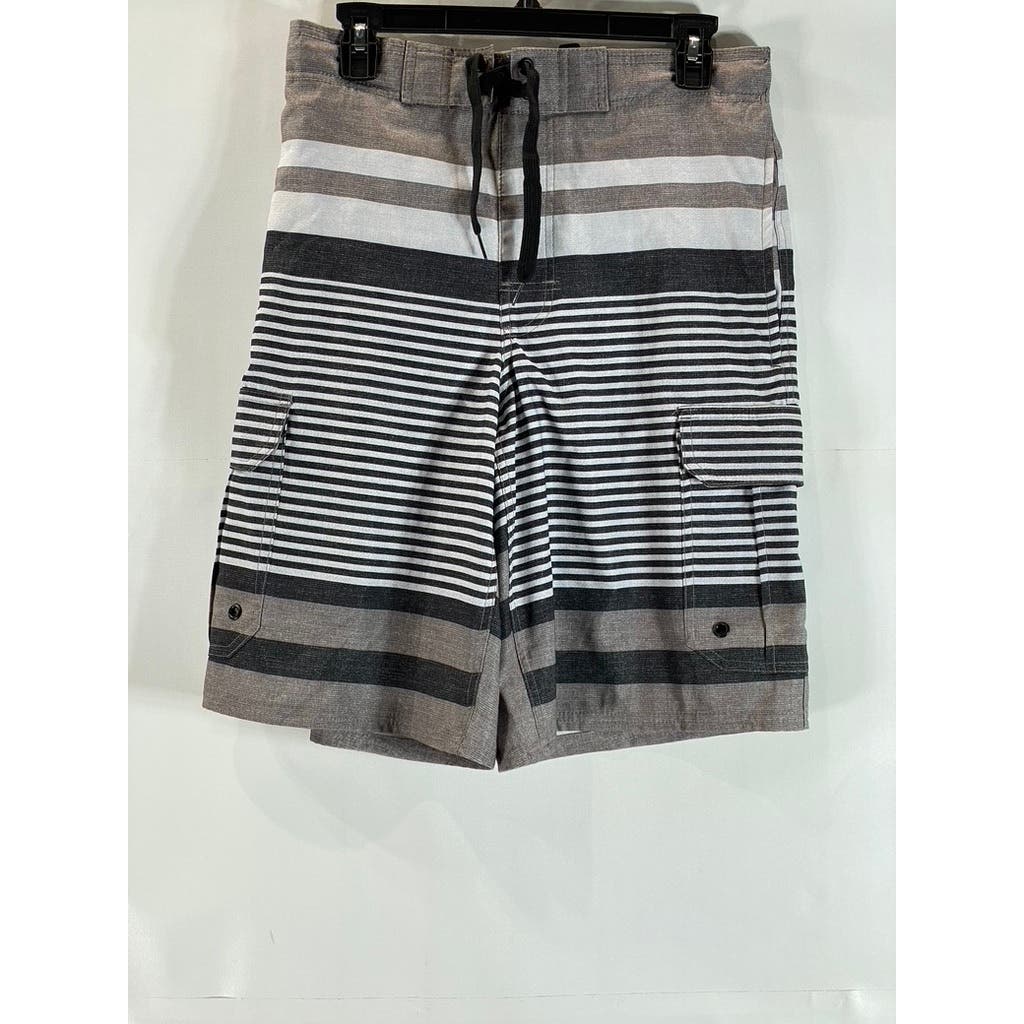 MONUMENT Men's Gray/Black Striped Elastic Drawstring Pull-On Board Shorts SZ S