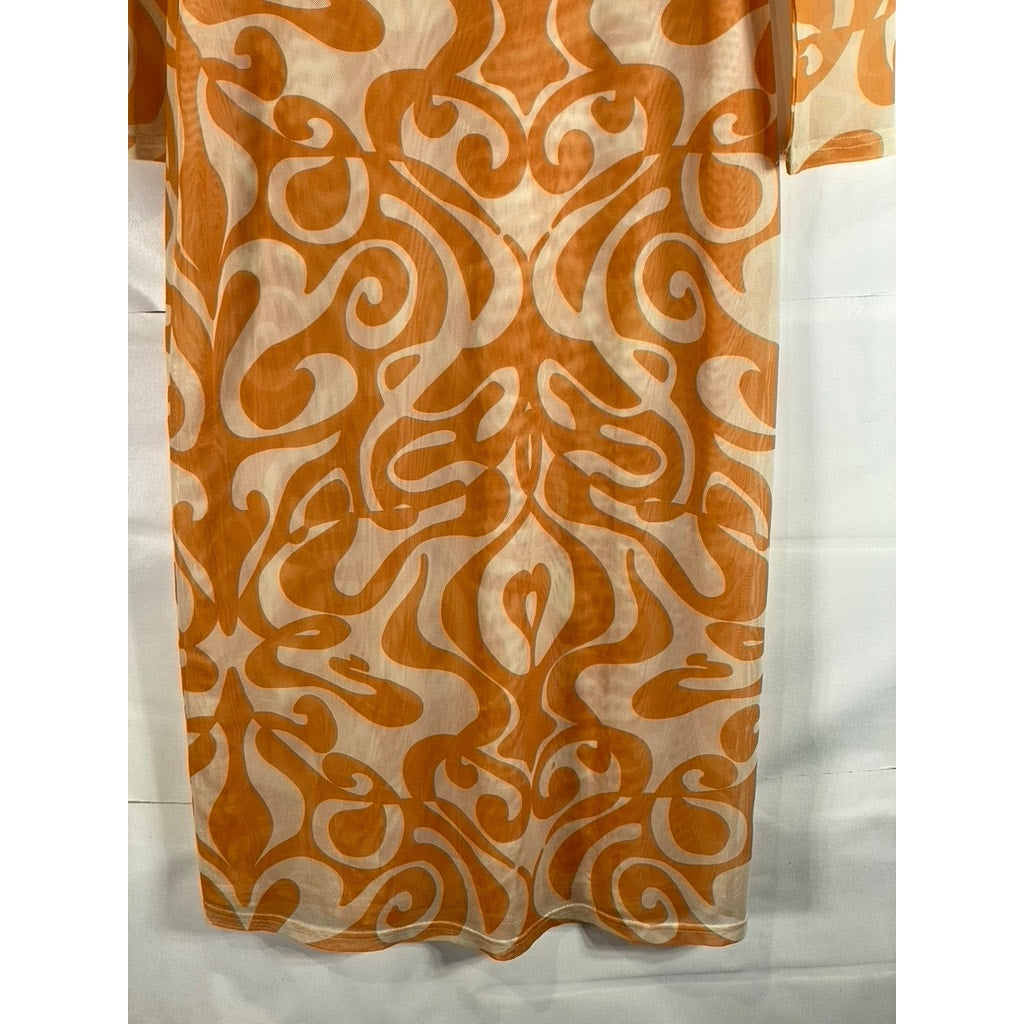 FIND ME NOW Women's Mesh Orange Creamsicle Dream On Long Sleeve Midi Dress SZ M