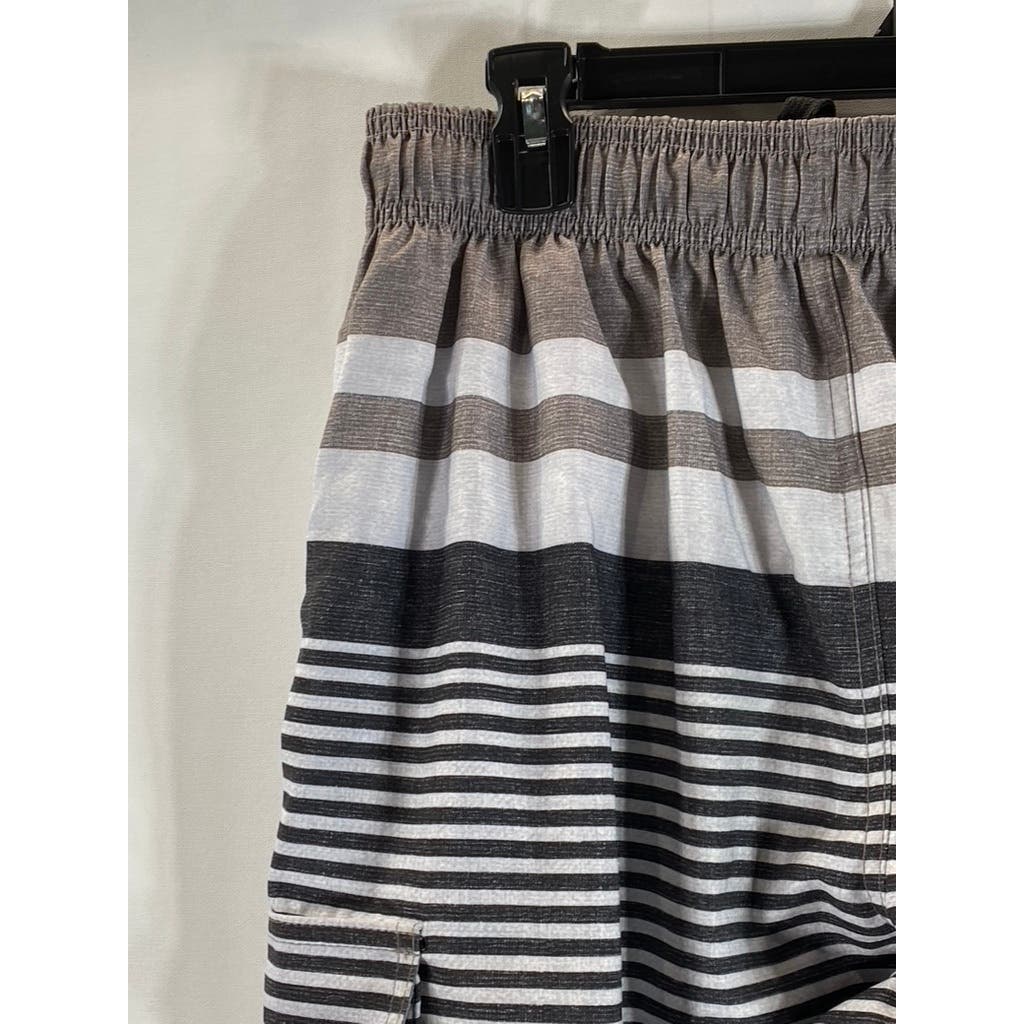 MONUMENT Men's Gray/Black Striped Elastic Drawstring Pull-On Board Shorts SZ S