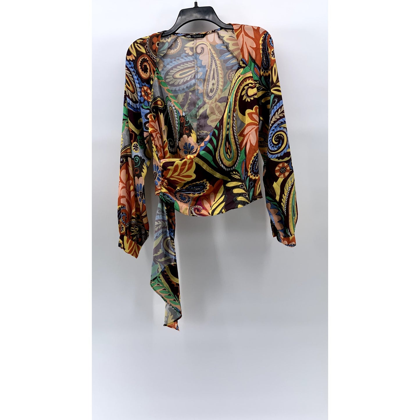 ZARA Women's Black-Multi Printed V-Neck Wrap Long Sleeve Top SZ M