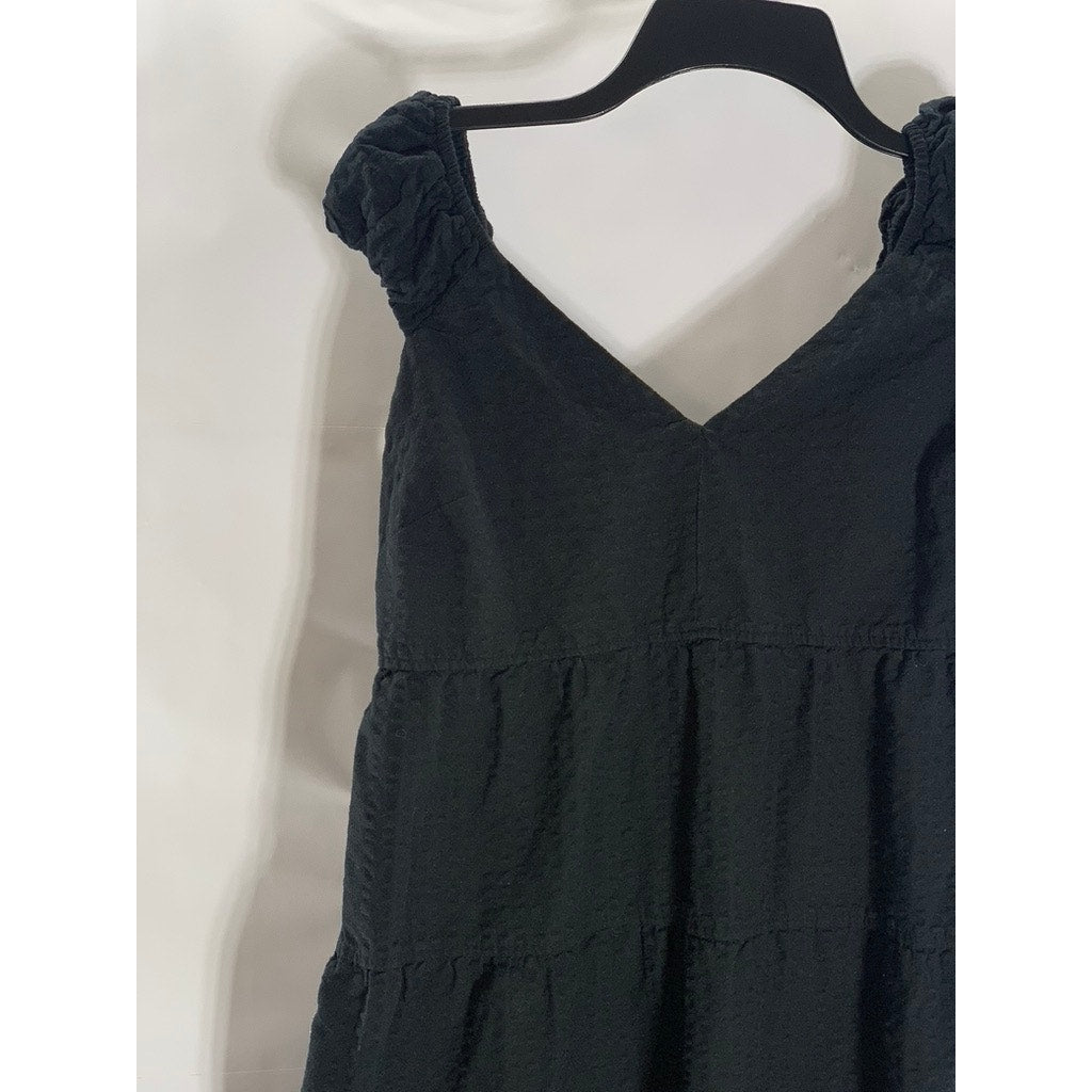 OLD NAVY Women's Black Solid V-Neck Ruffle-Sleeve Tie-Bust Tiered Maxi Dress SZM