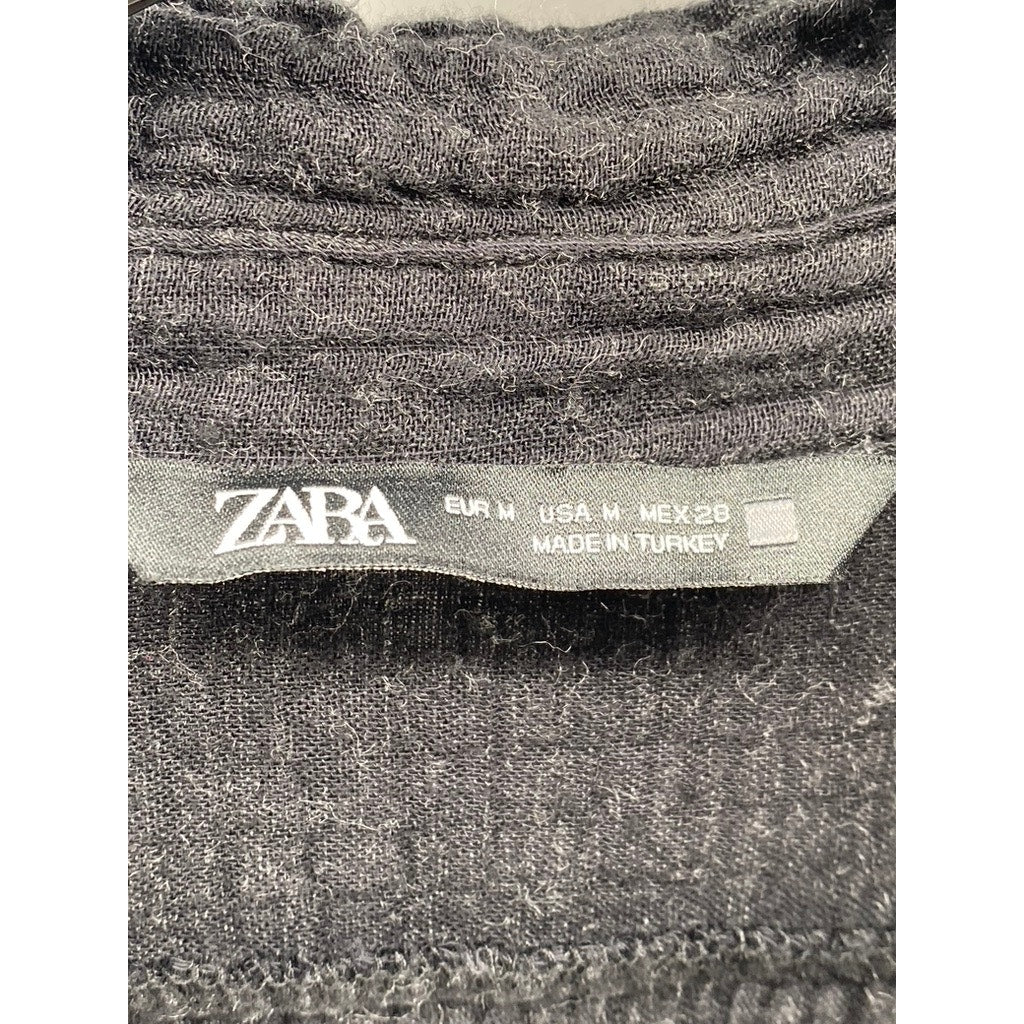 ZARA Women's Black Textured Smocked-Waist Long Sleeve V-Neck A-Line Dress SZ M
