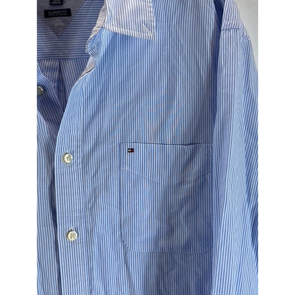 TOMMY HILFIGER Men's Light Blue Striped Classic-Fit Button-Up Shirt SZ XL