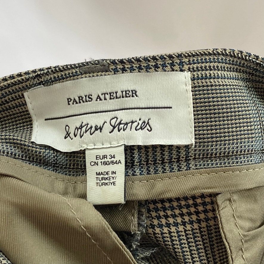 & OTHER STORIES Women's Tan-Gray Plaid Straight Wide-Leg Dress Pant SZ 34(US4)