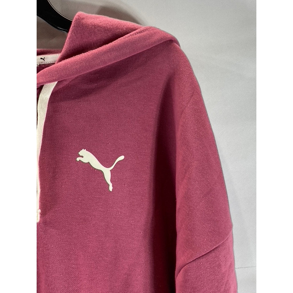 PUMA Women's Pink Logo Half Zip Cropped Dropped Shoulder Pullover Hoodie SZ M