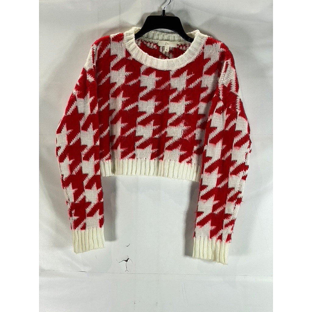 KLESIS Women's Cream/Red Houndstooth Crewneck Knit Cropped Sweater SZ M/L
