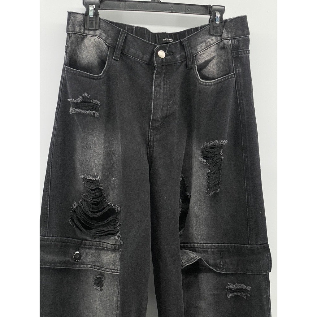 AMERICAN BAZI Women's Black Denim Distressed Baggy-Fit Wide-Leg Y2K Jeans SZ L