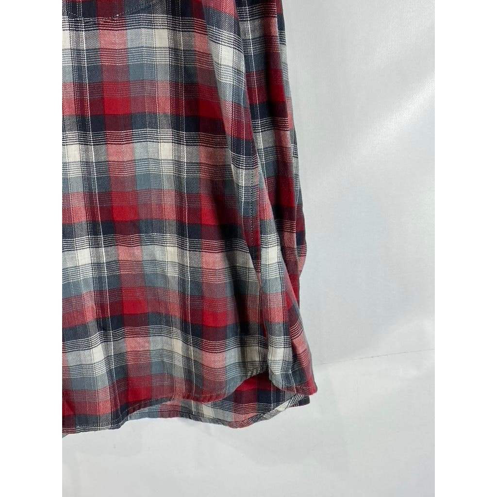LUCKY BRAND Black Label Men's Red/Gray Plaid Classic-Fit Button-Up Shirt SZ L