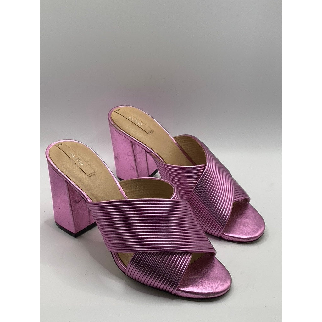 ALDO Women's Pink Metallic Round Peep-Toe Slip-On Block Heel Sandals SZ 7.5