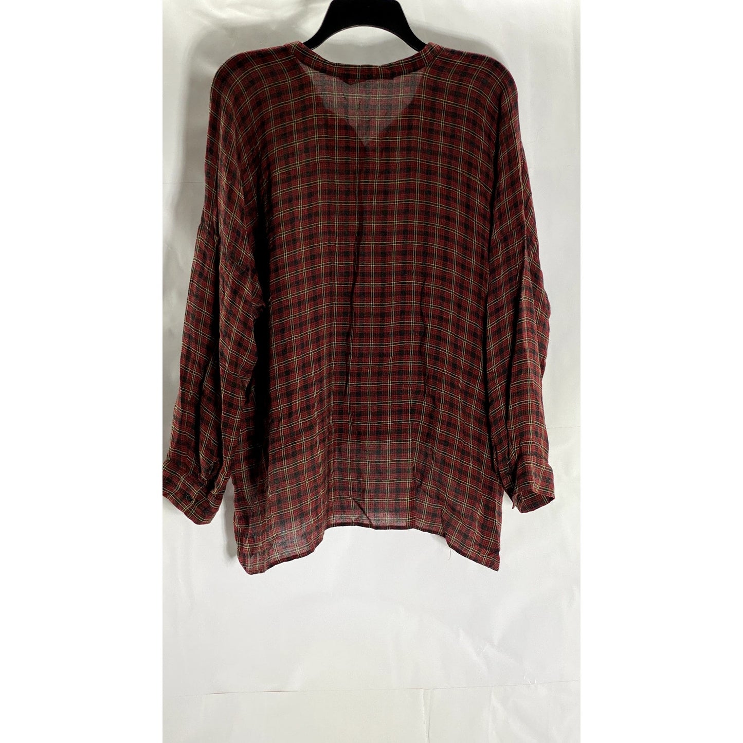 ZARA Women's Red/Green Plaid Long Sleeve Hi-Low Hem Henley Top SZ M