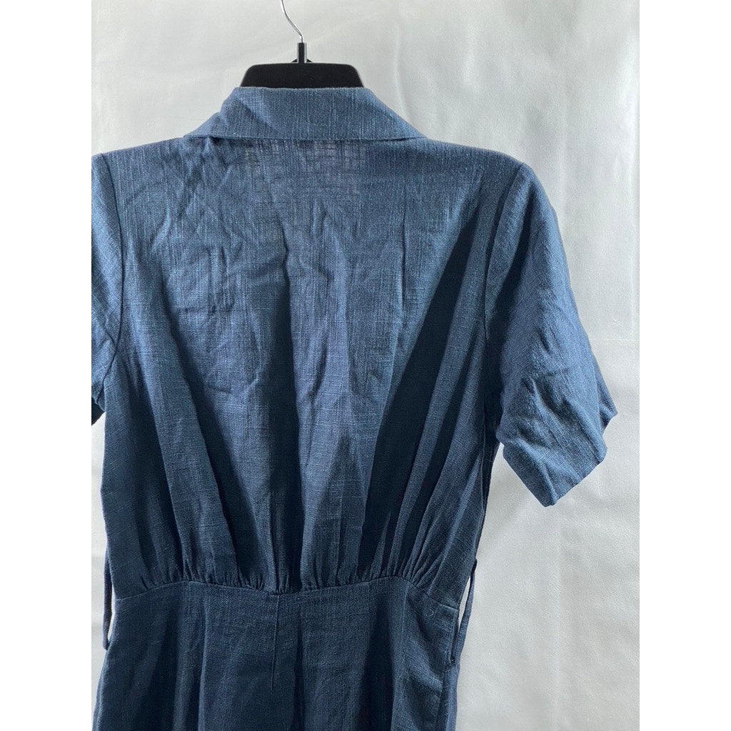 STAUD Women's Navy Linen-Blend Half-Button Wide-Leg Short Sleeve Jumpsuit SZ 2