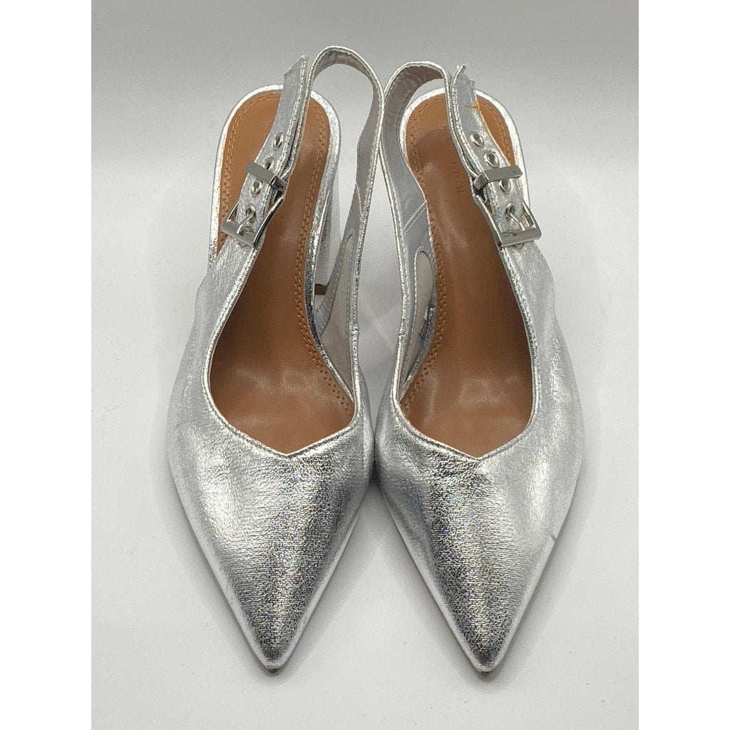 ASOS DESIGN Women's Silver Metallic Pointed-Toe Slingback Block Heel Pumps SZ 7