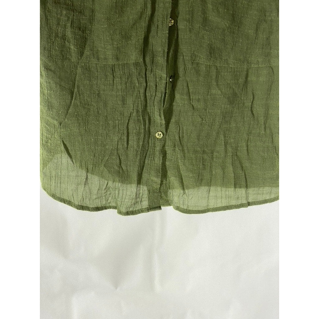 TAMARA H. Women's Olive Green Button-Up Sleeveless Sheer Top SZ S