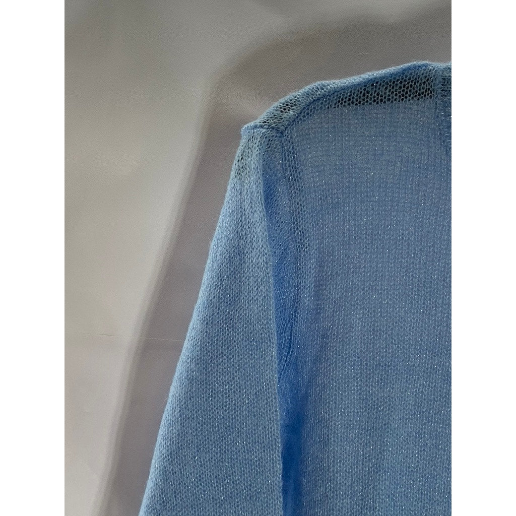 MANGO Women's Sky Blue Lurex Knit Button-Up Crewneck Cardigan SZ L