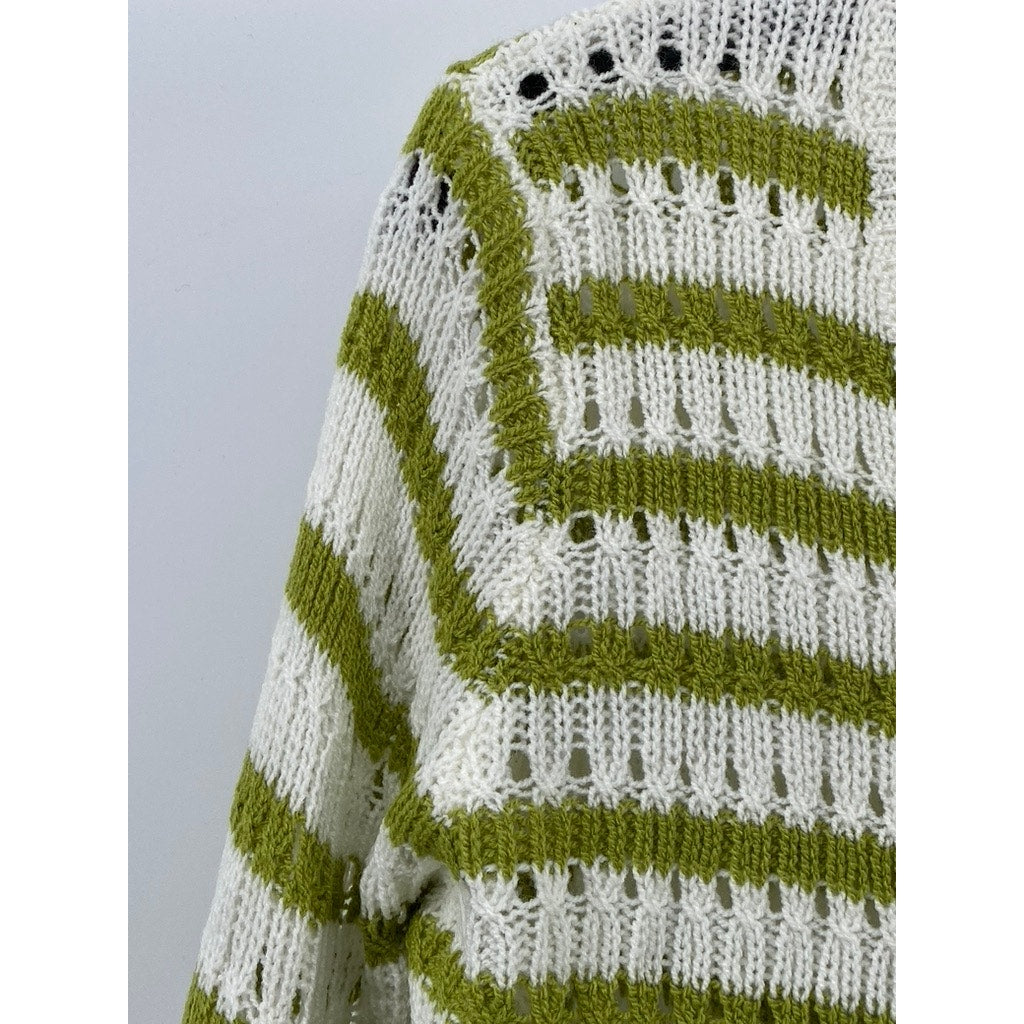 ANNA KAY Women's White-Green Knit Striped Button-Up Long Sleeve Cardigan SZ M