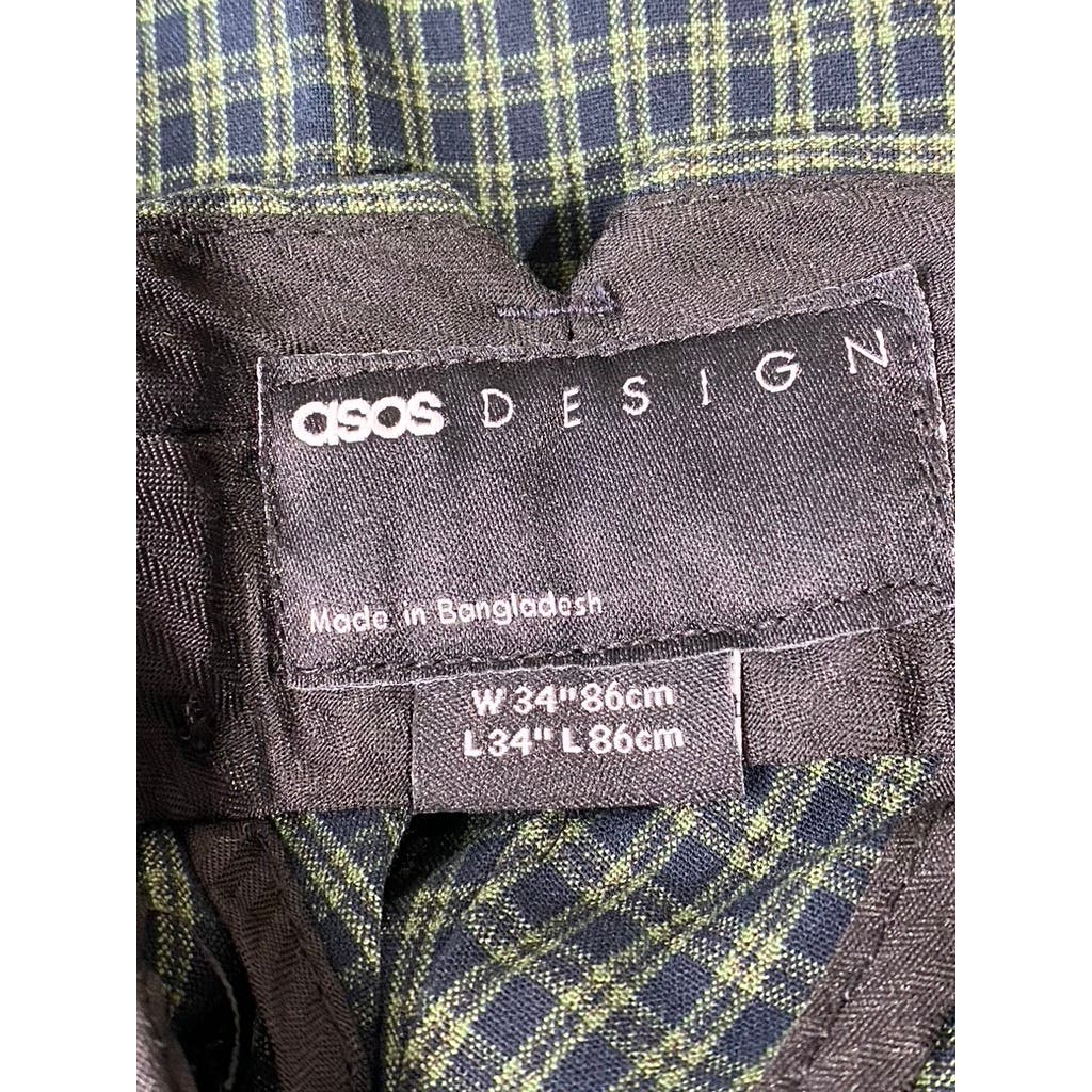 ASOS DESIGN Men's Navy/Green Micro Check Tapered Smart Trousers SZ 34X34