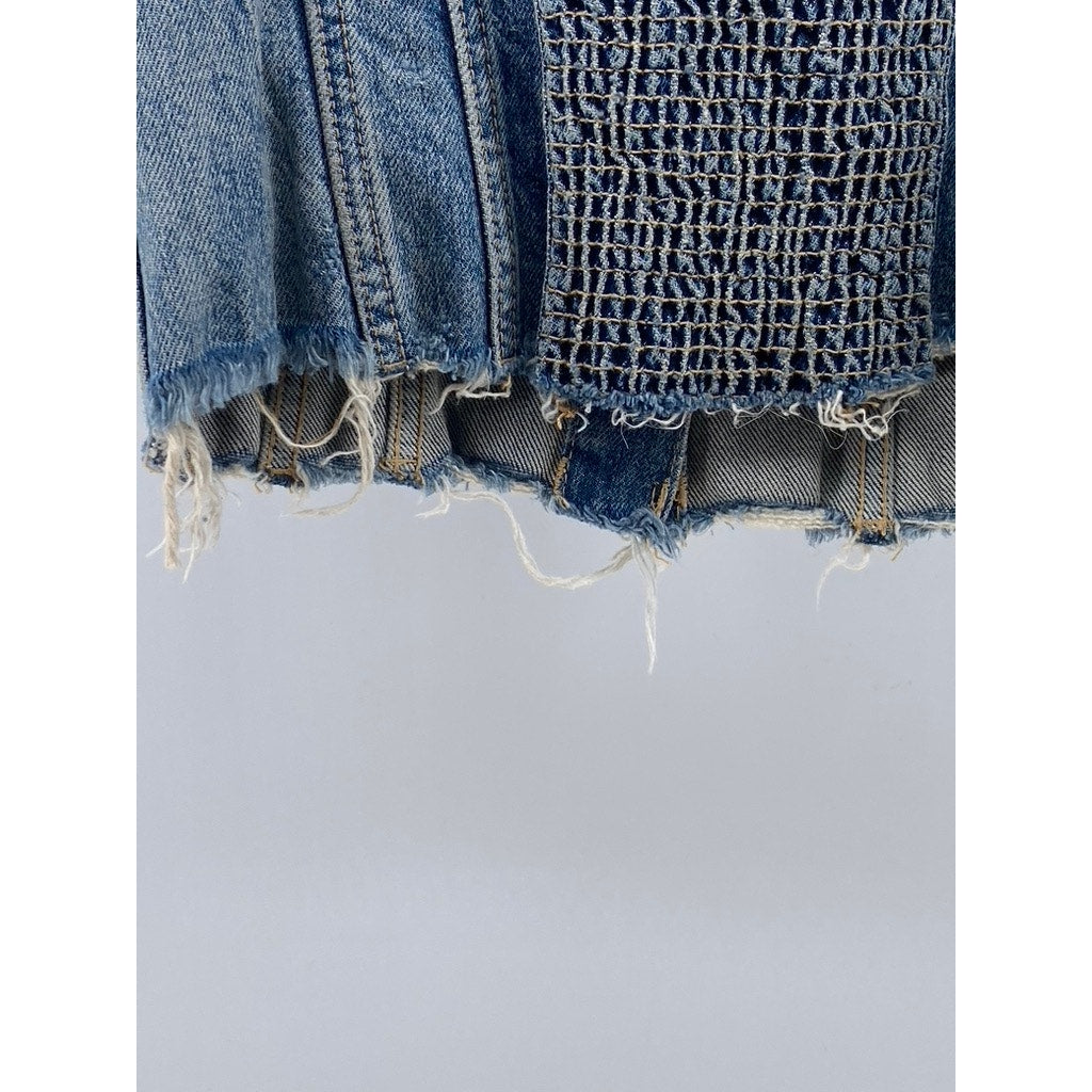 ZARA Women's Light Blue Denim Raw-Hem Button-UP Strapless Corset Top SZ M