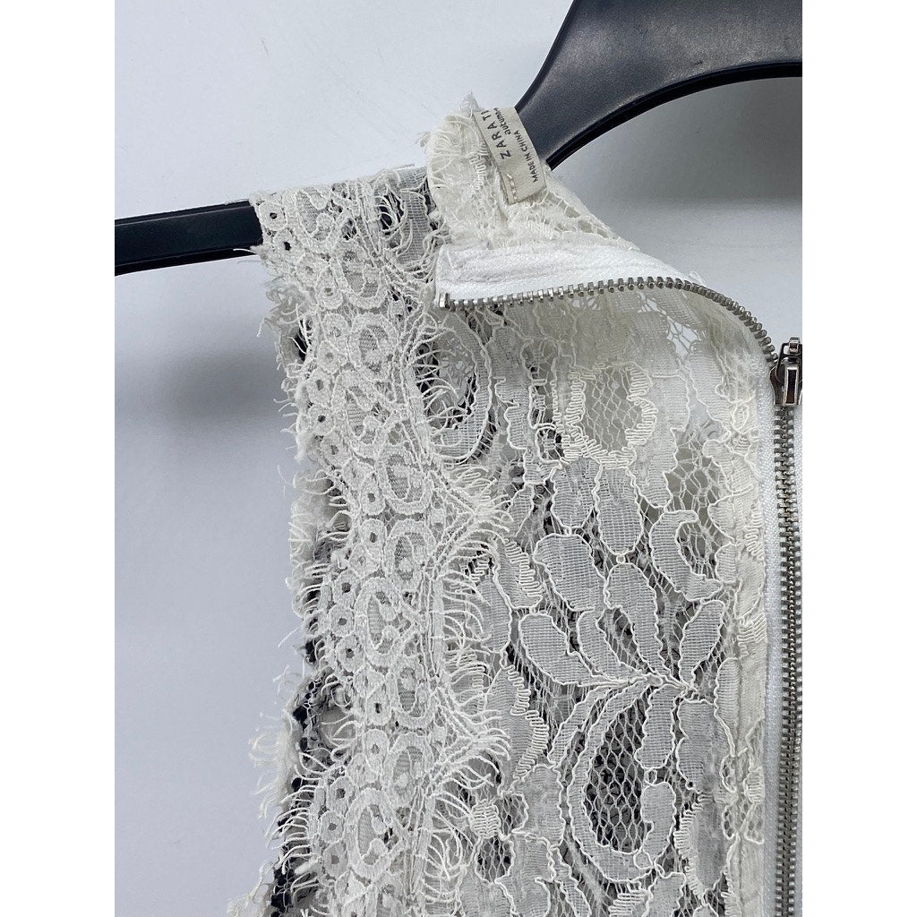 ZARA TRAFALUC Women's Black-White Lace Crewneck Sleeveless Back-Zip Tank Top SZL