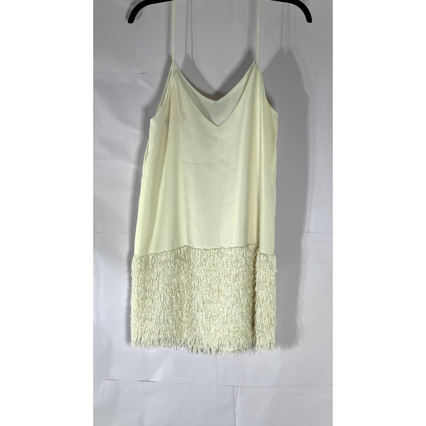 EMMELINE Women's Cream V-Neck Fringe-Hem Slip Mini Dress SZ M