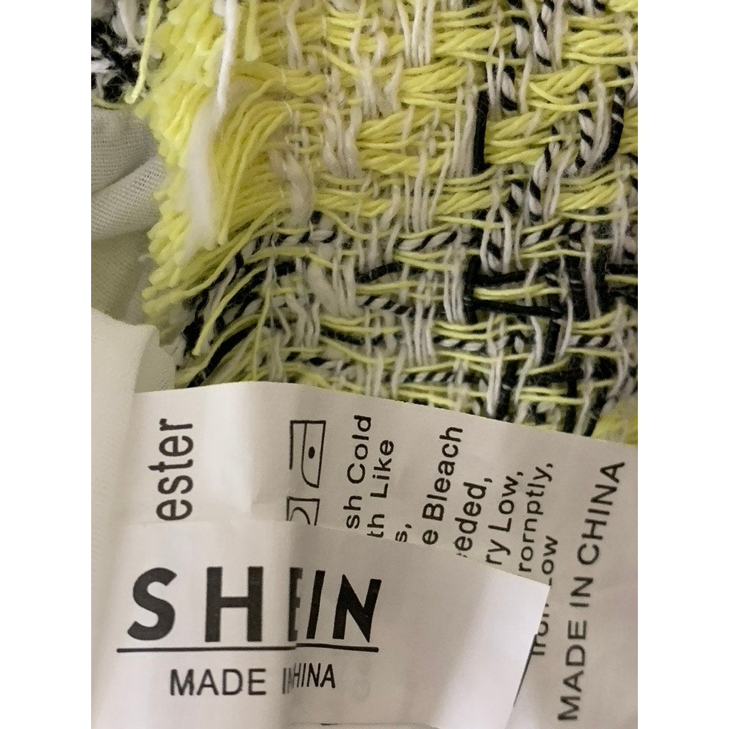 SHEIN Women's Yellow/Black Plaid Tweed Raw Cut Straight-Neck Crop Top SZ L