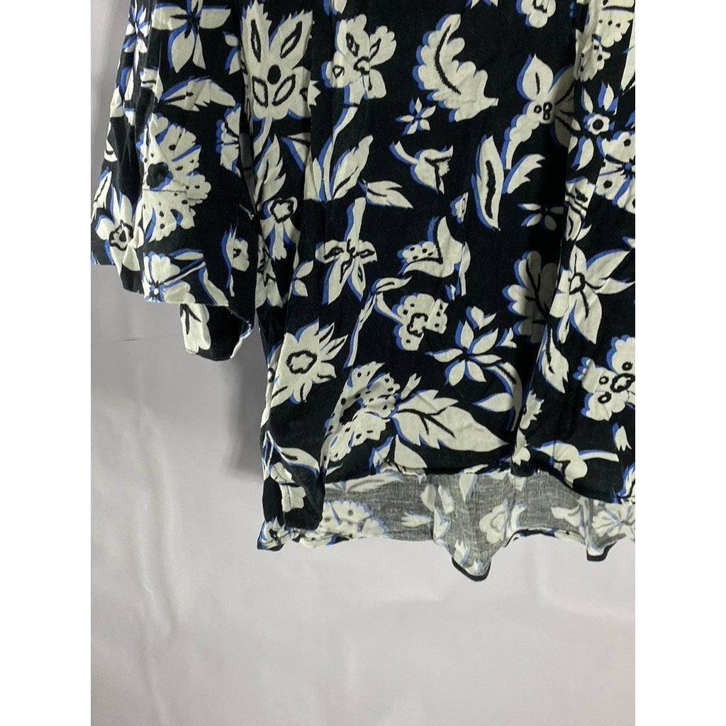ZARA Women's Black/White Floral V-Neck Long Sleeve Tunic Top SZ S