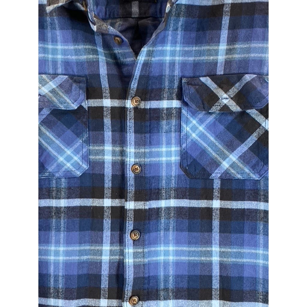 JACHS Men's Blue Plaid Heritage Flannel Button-Up Long Sleeve Shirt SZ L