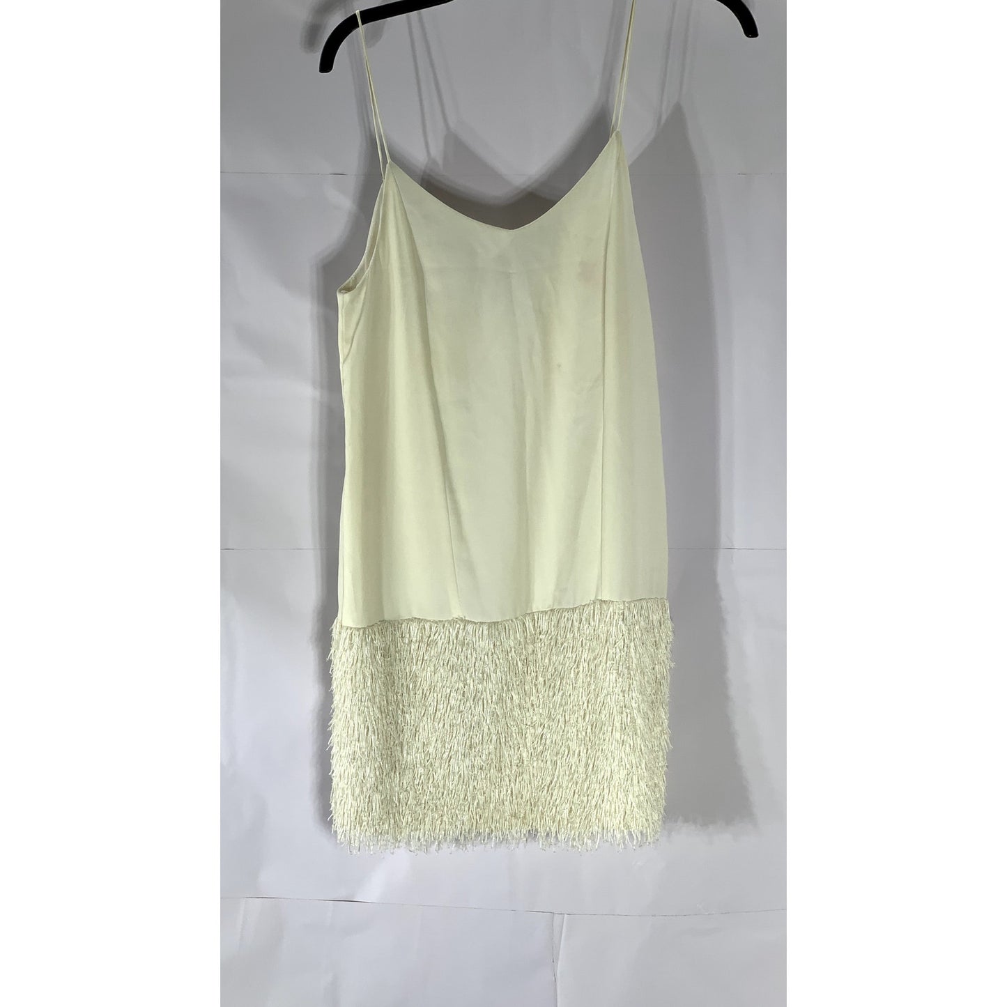 EMMELINE Women's Cream V-Neck Fringe-Hem Slip Mini Dress SZ M