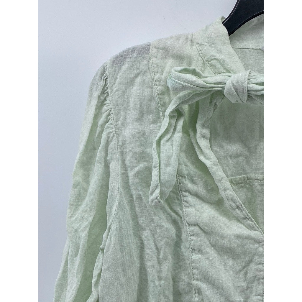 ZARA Women's Light Green Linen Keyhole Tie-Neck Long Sleeve Top SZ XS