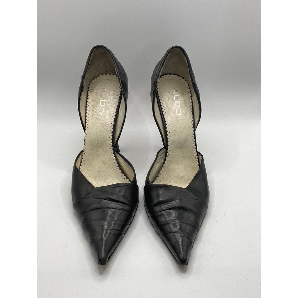 ALDO Women's Black Leather Pleated Pointed-Toe Slip-On Stiletto Pumps SZ US 6.5