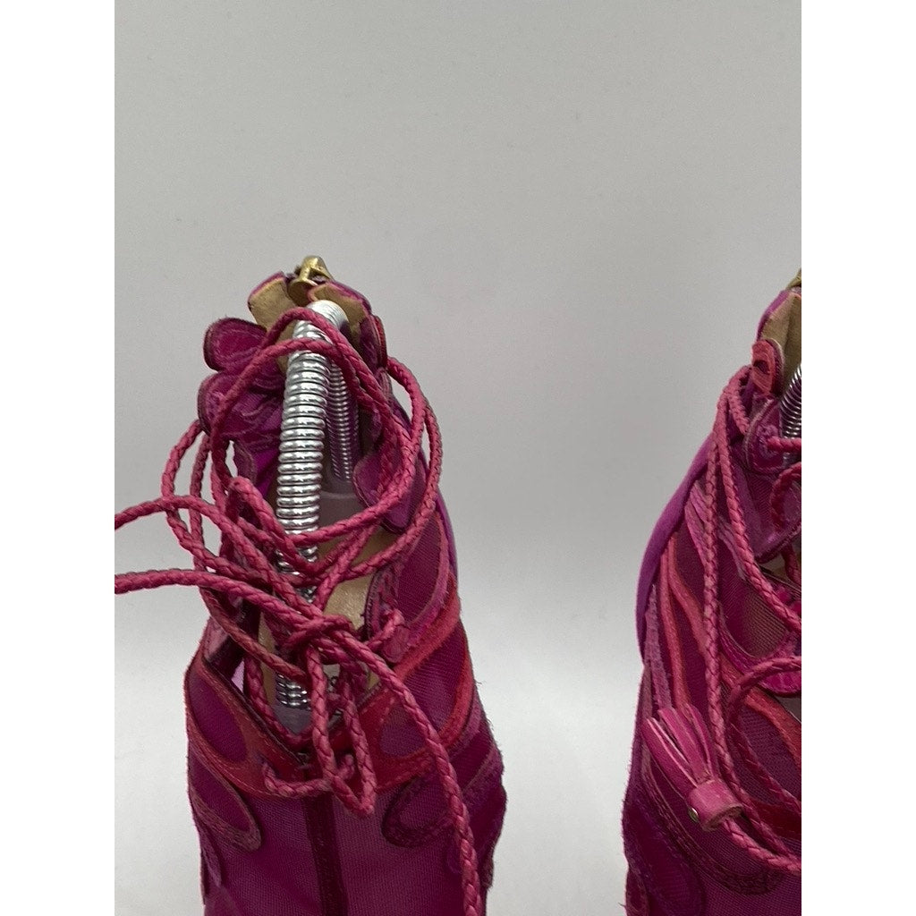 JIMMY CHOO Women's Magenta Kafira Mesh Peep-Toe Stiletto Booties SZ 38.5(US8.5)