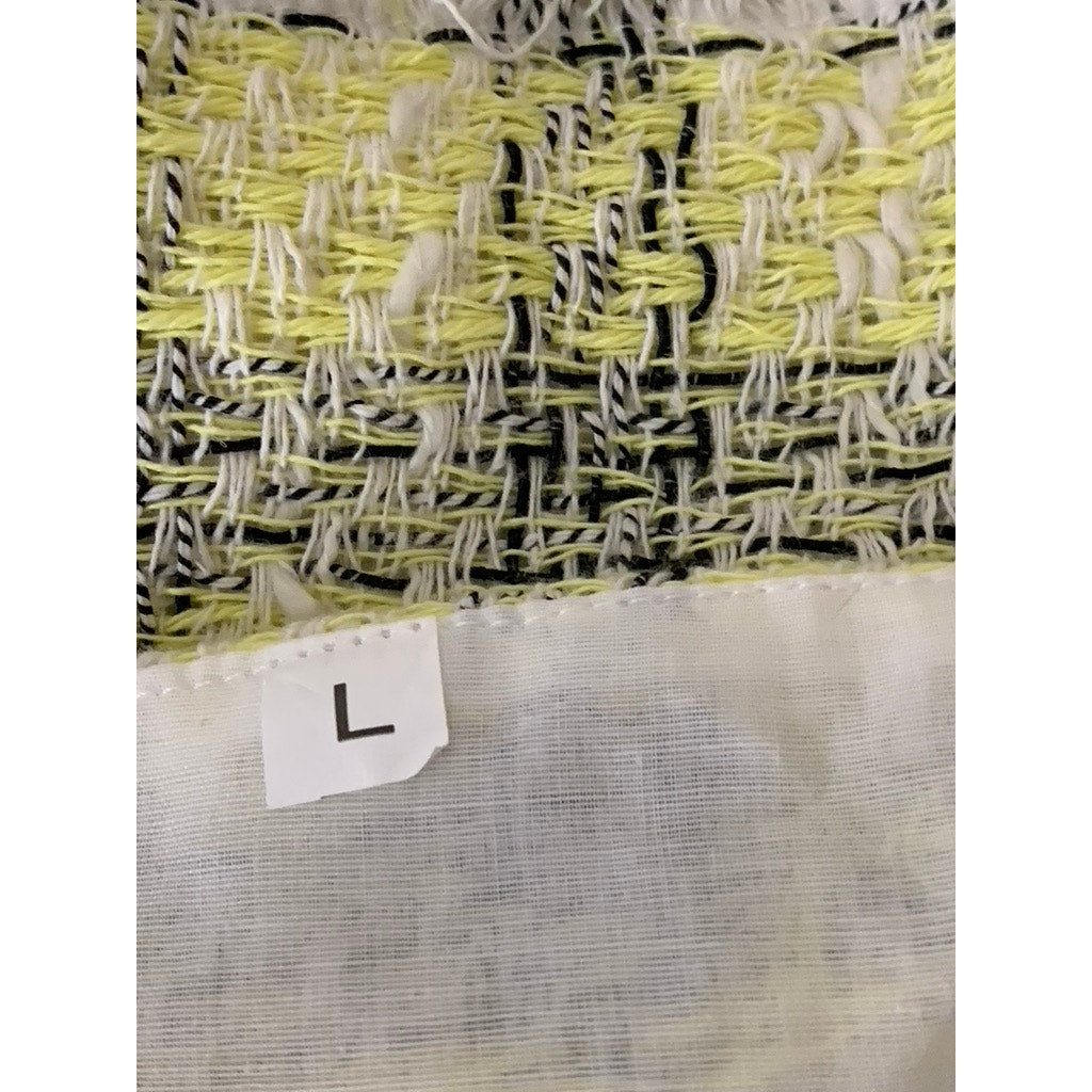 SHEIN Women's Yellow/Black Plaid Tweed Raw Cut Straight-Neck Crop Top SZ L