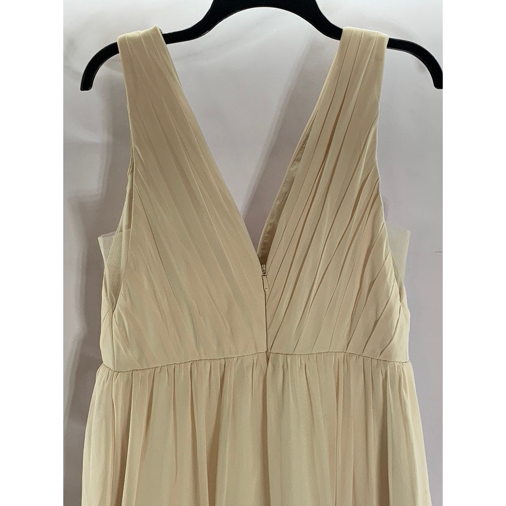 AZAZIE Women's Beige Double V-Neck Sleeveless Mesh Maxi A-Line Dress SZ 12