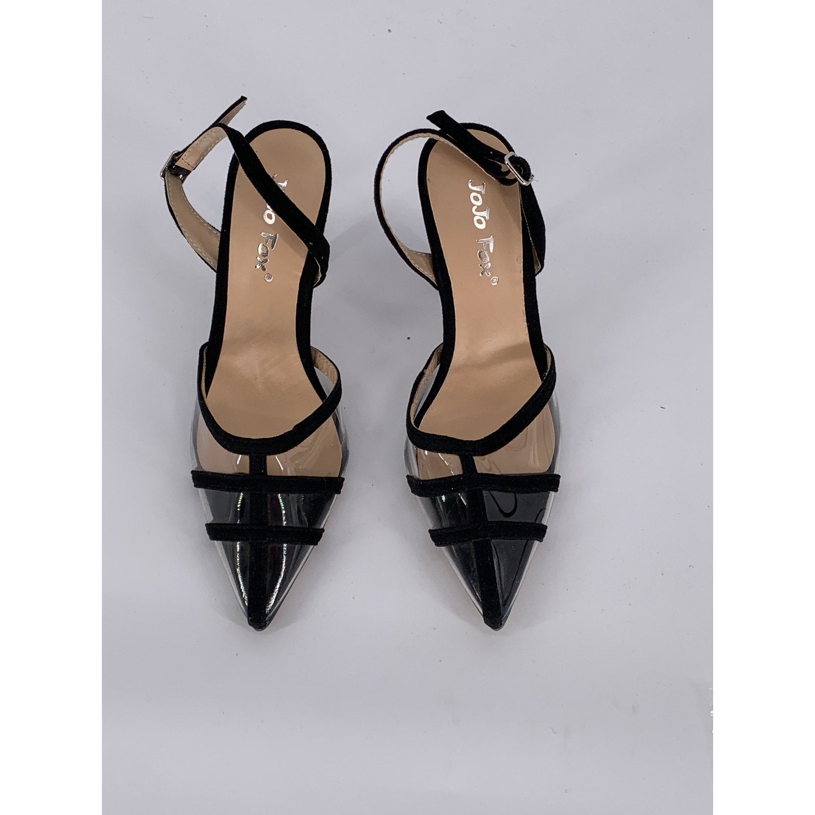 JOJO FOX Women's Black-Clear Pointed-Toe Ankle-Strap Stiletto Pumps SZ 6