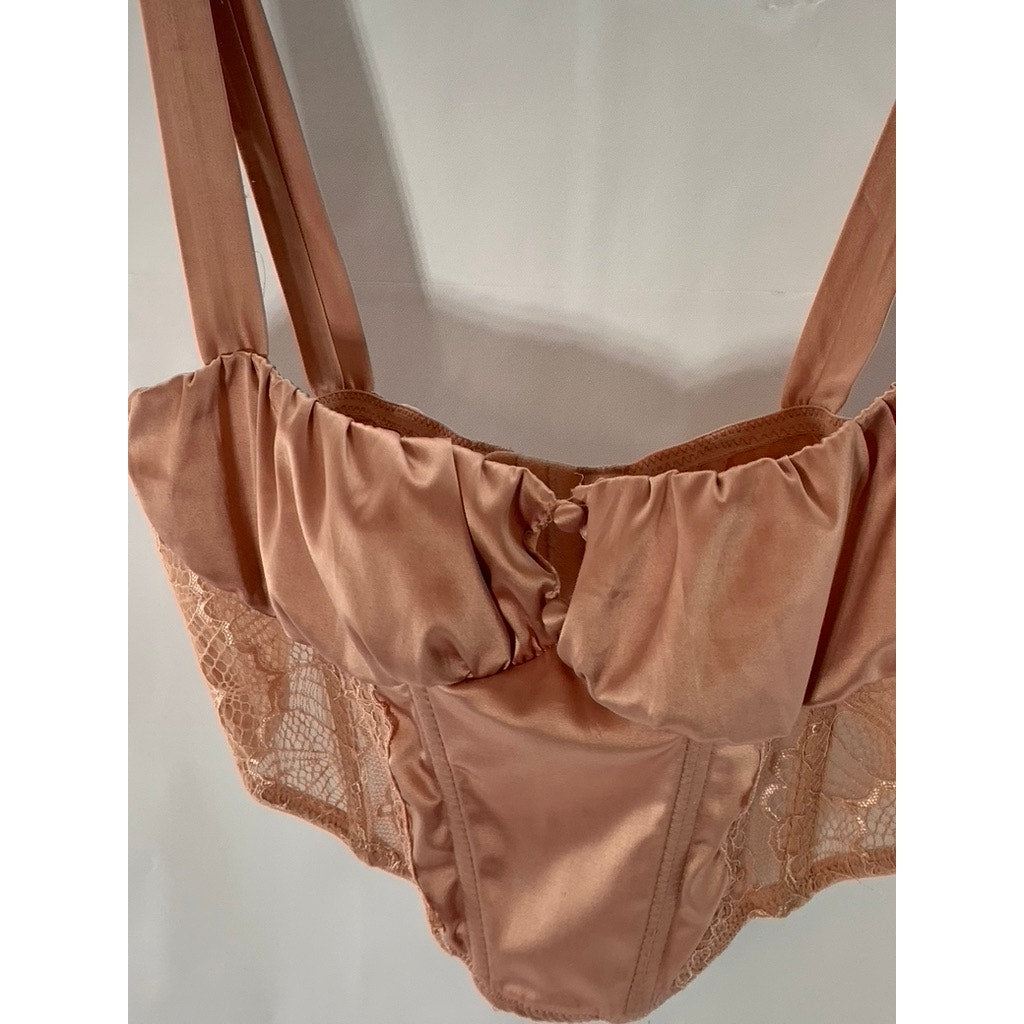OUT FROM UNDER Women's Pink Satin Lace Hook & Loop Corset Crop Top SZ S