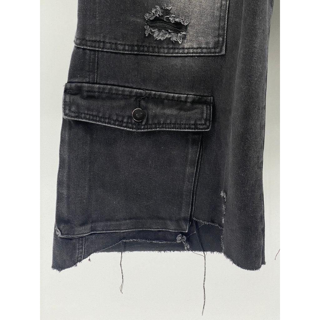 AMERICAN BAZI Women's Black Denim Distressed Baggy-Fit Wide-Leg Y2K Jeans SZ L