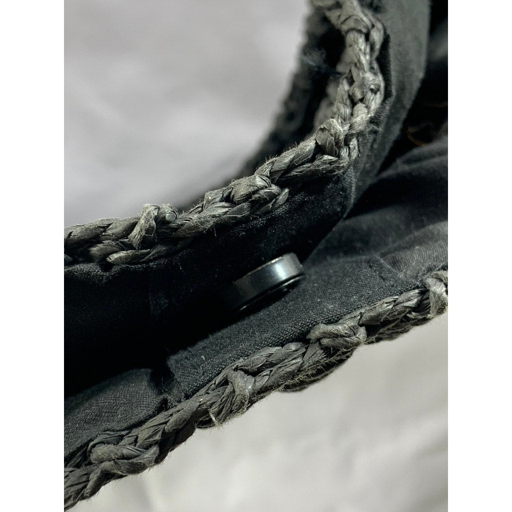 ABERCROMBIE & FITCH Women's Black Straw Woven Round Snap-Button Tote Bag