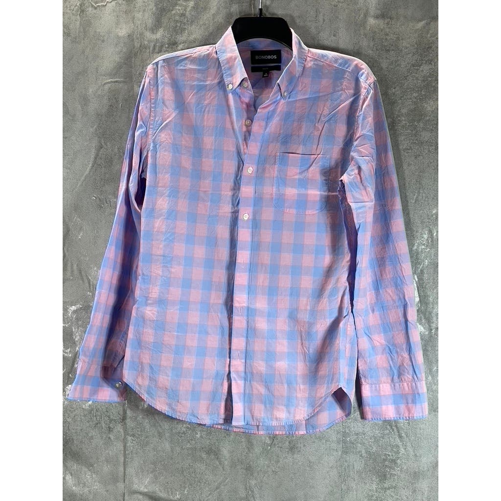 BONOBOS Men's Pink/Blue Gingham Slim-Fit Button-Up Long Sleeve Shirt SZ S