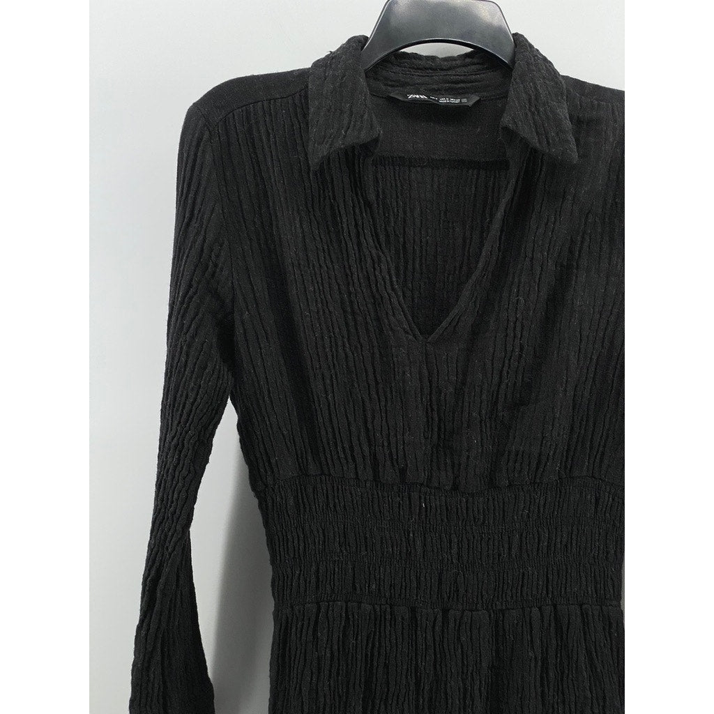 ZARA Women's Black Textured Smocked-Waist Long Sleeve V-Neck A-Line Dress SZ M