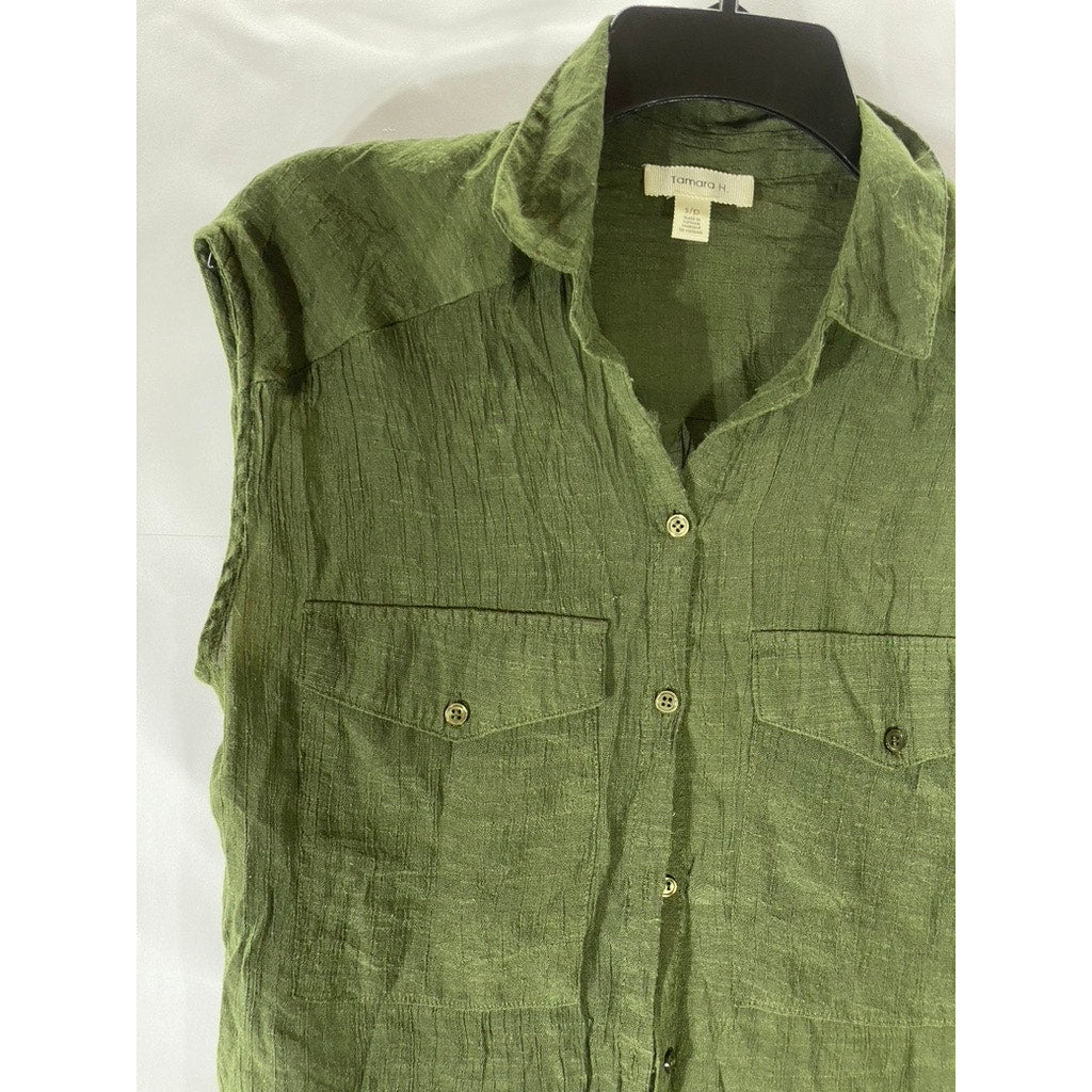 TAMARA H. Women's Olive Green Button-Up Sleeveless Sheer Top SZ S