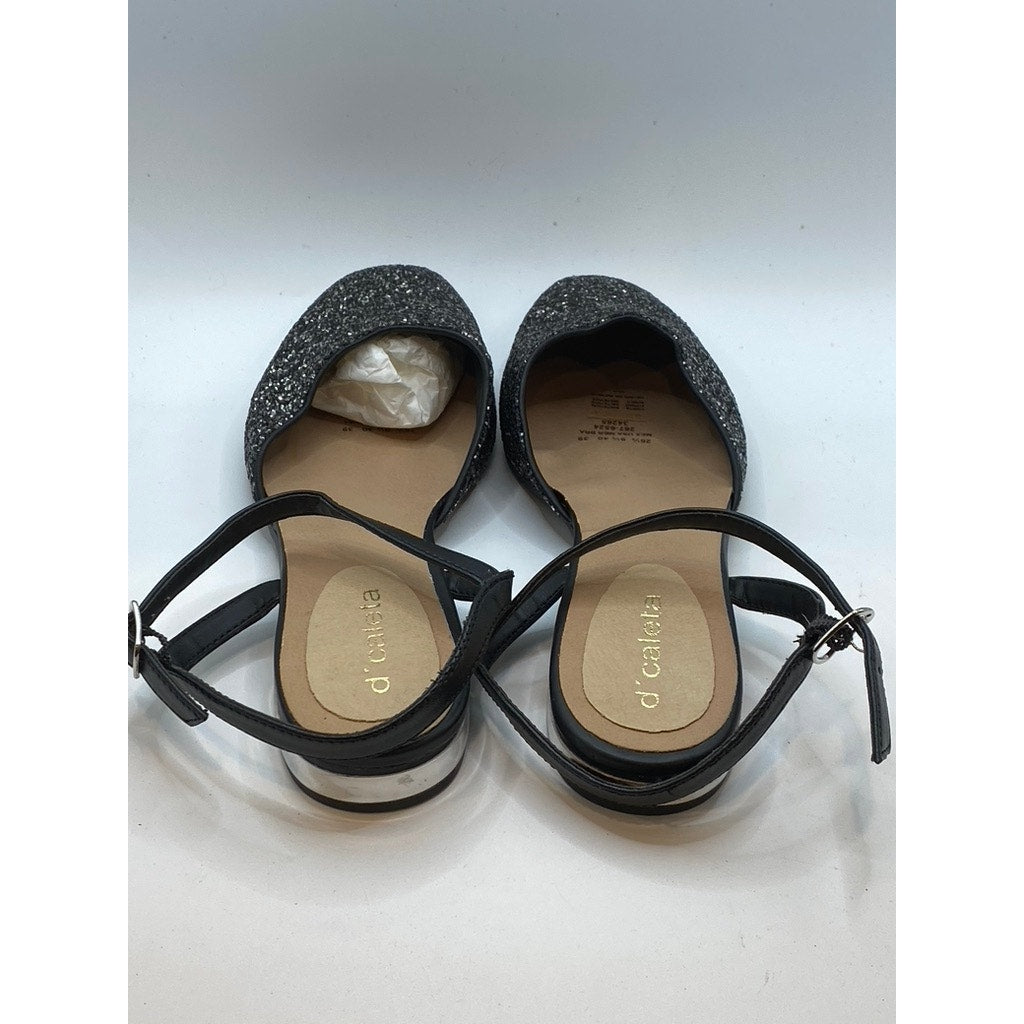 D'CALETA Women's Black Sequin Embellished Closed Toe Ankle Strap Flats SZ 9.5