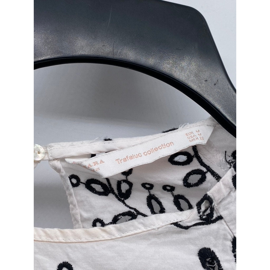 ZARA TRAFALUC Women's White-Black Embroidered Floral Short Sleeve Top SZ M