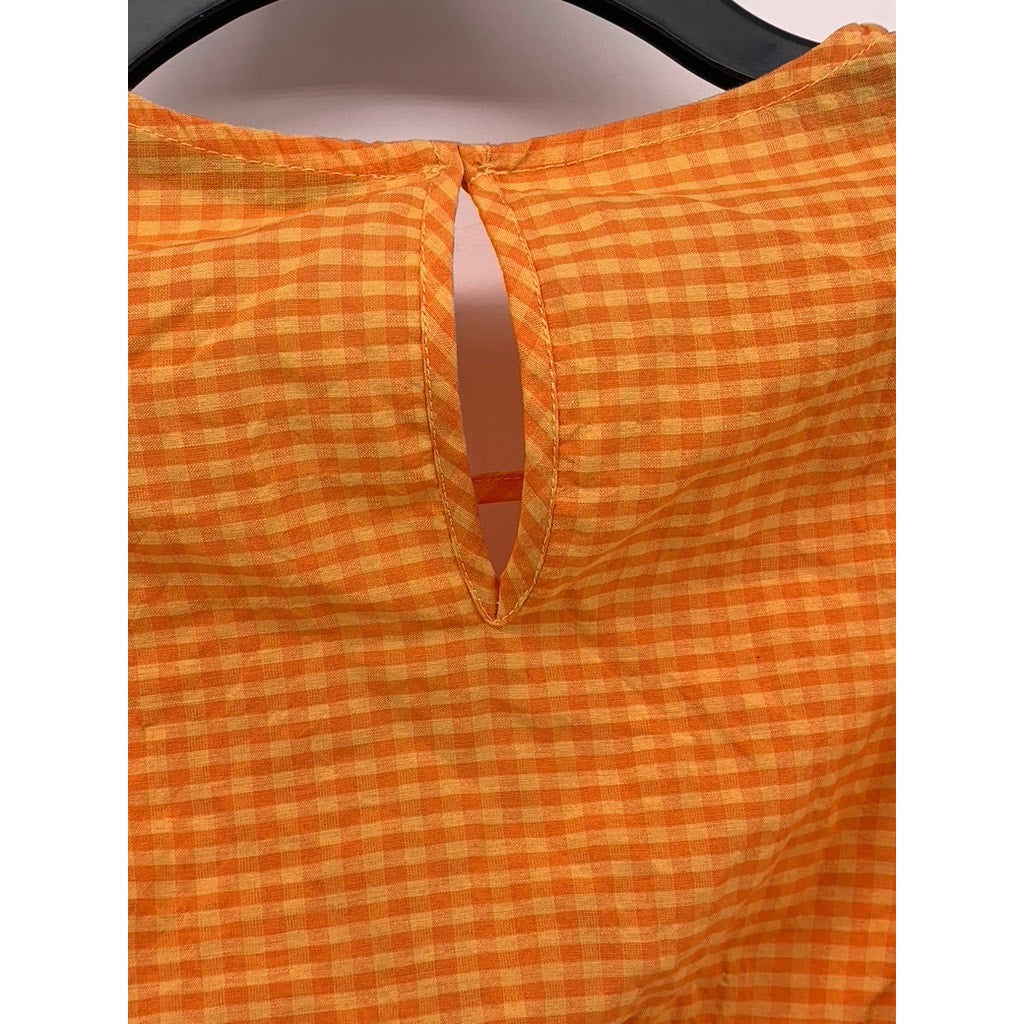 BERSHKA Women's Orange-White Gingham Long Sleeve V-Neck Cutout Cropped Top SZ S