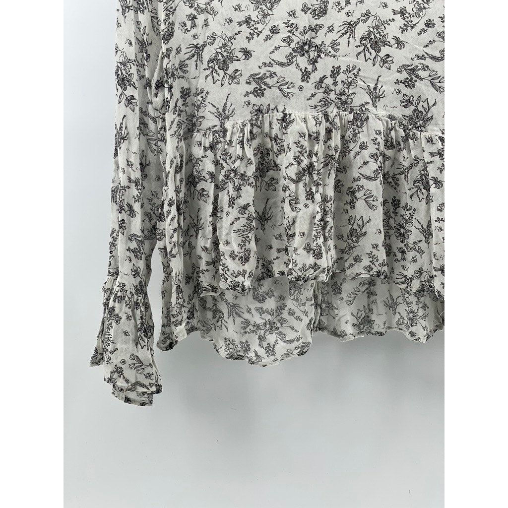 ZARA Women's Light Gray Floral Sequin Embellished Long Flare Sleeve Top SZ L
